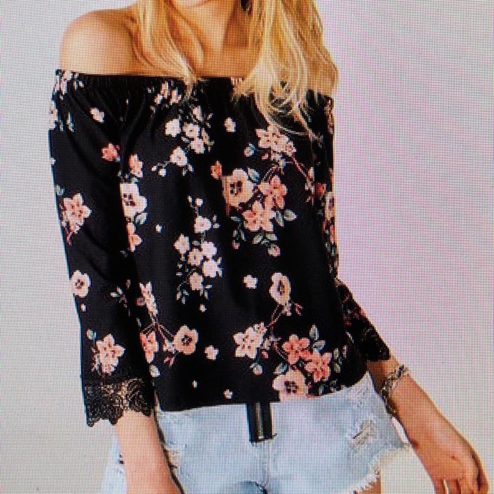 Black floral off shoulder top, 3/4 lace sleeves